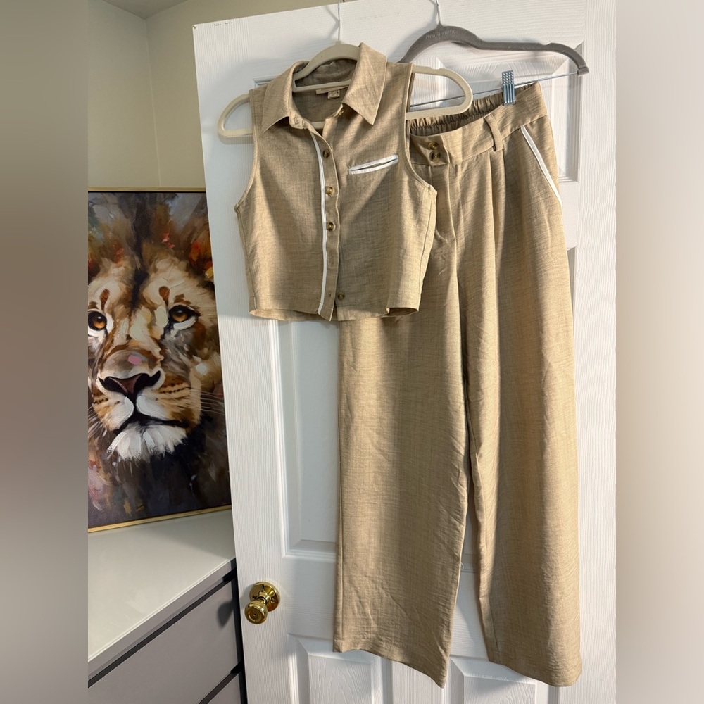 Beige Women's Wide-Leg Pants with Matching Crop Top